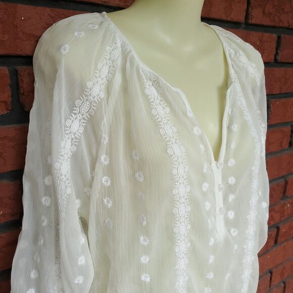Sheer Embroidered Top M Popover 3/4 Sleeve Gauzy Boho Fairy Etherial Coverup - Picture 10 of 16